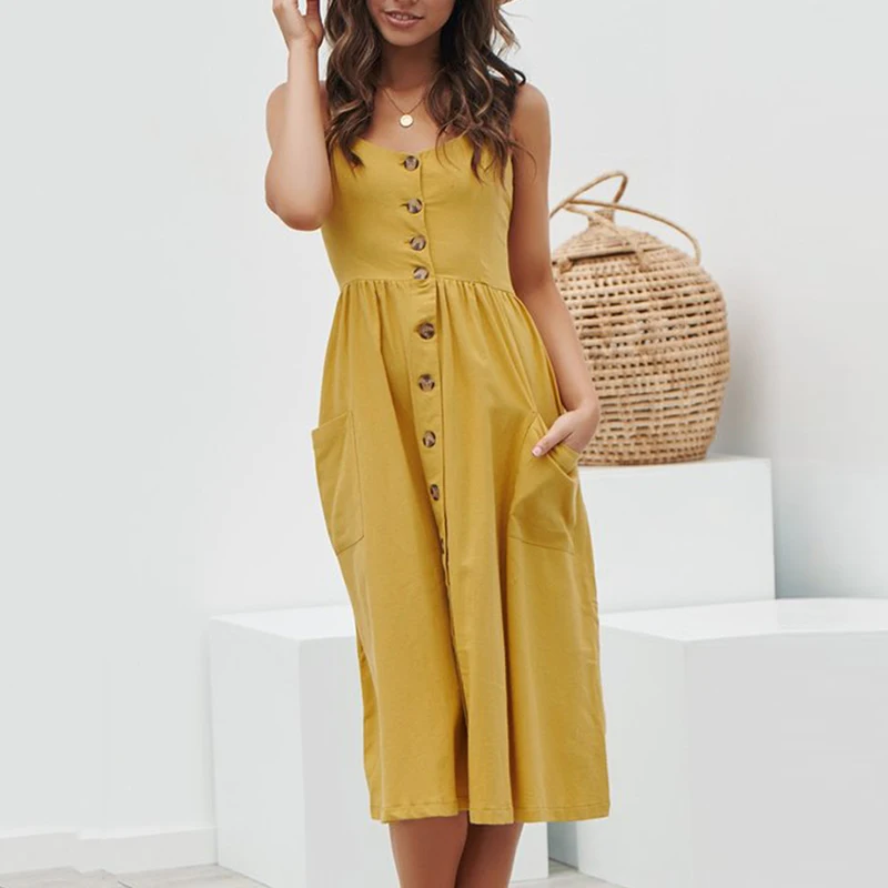 Женское летнее пляжное платье миди с v-образным вырезом на пуговицах | Женская