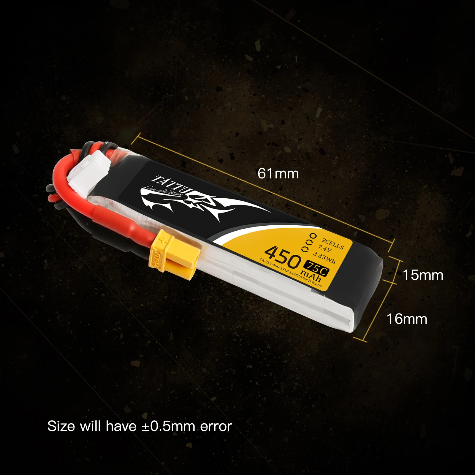 TATTU-bater&iacute;a Lipo 2s 75C RC, 7,4 v, 450mAh, enchufe XT30, para Mini Dron, cuadric&oacute;ptero, UAV, coche, FPV, tama&ntilde;o 120-1