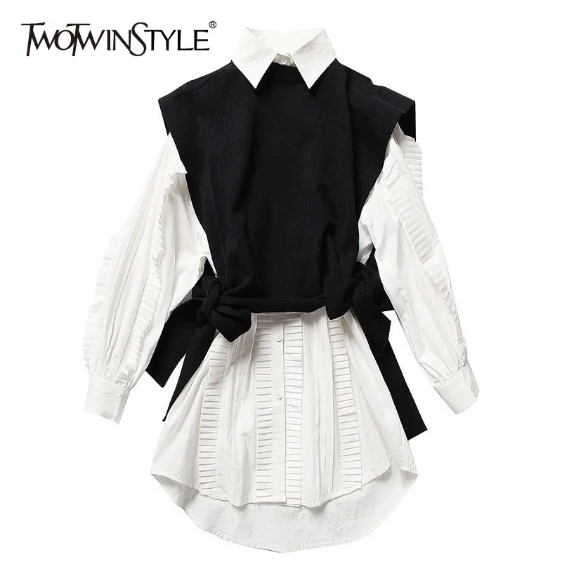 

TWOTWINSTYLE Two Piece Set Female Long Sleeve White Ruffle Shirt Dresses Knitting Lace Up Black Vest Korean Womens Dress Suit