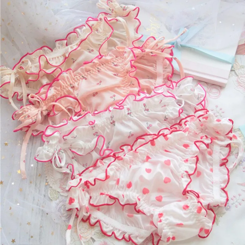 Милое женское нижнее белье из молочного шелка в японском стиле с вишенками милые