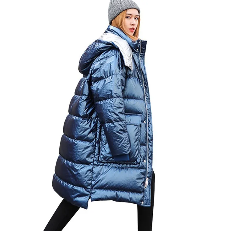 Flash Light Pink Down Cotton Jacket Women Winter Long Coat Hooded Parkas 2019 Bright Thicken Padded Female Warm Outerwear PL20