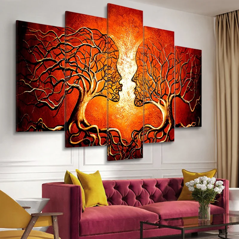 

Modern Canvas Art Painting 5 Panels Abstract Love Kiss Lady Tree Canvas Painting Prints Home Office Living Room Wall Art Decor