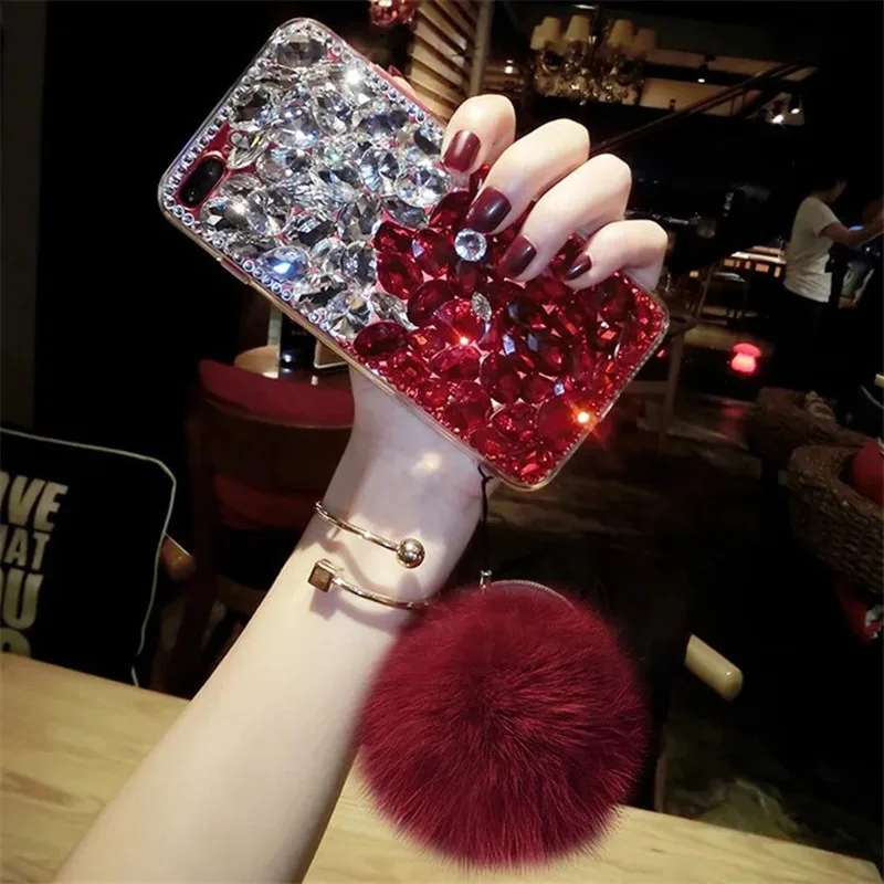 Lovebay Luxury Woman Shiny Case With Shell Hair Ball For iPhone X 8 7 6 6S Plus XR XS MAX Mobile Phone Holder Diamond Stone Capa |