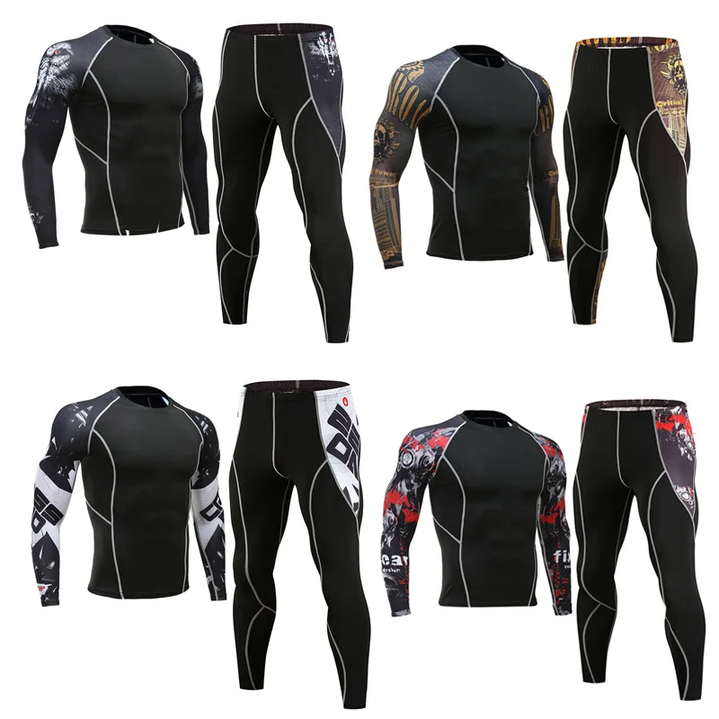 

Мужские компрессионные костюмы для бега и пробежек, комплект спортивной одежды, длинная футболка и штаны, тренажерный зал, фитнес, трениров...