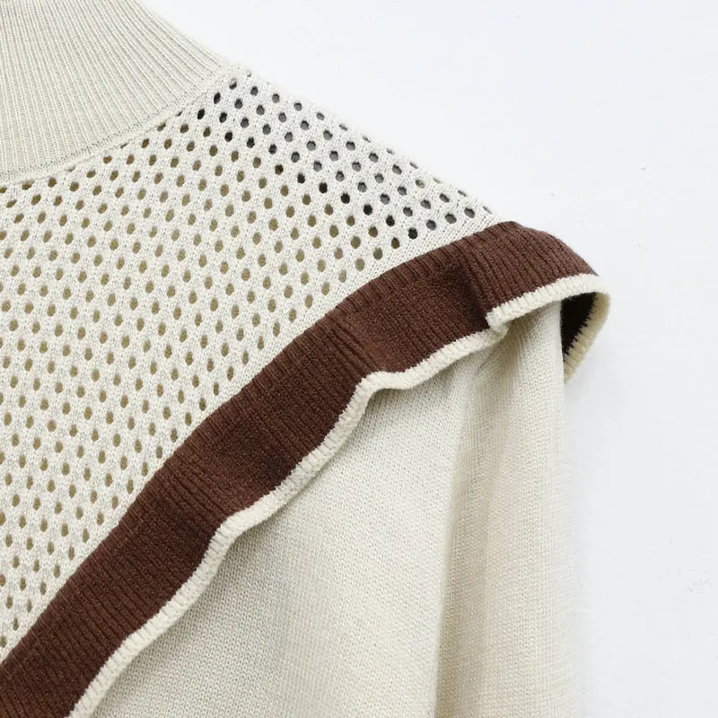 Turtleneck Sweater Woman Fashion 2019 Spring Sweet Mesh Hollow Ruffle Color Block Sweaters Basic Knitted Tops White Blue Apricot | Женская