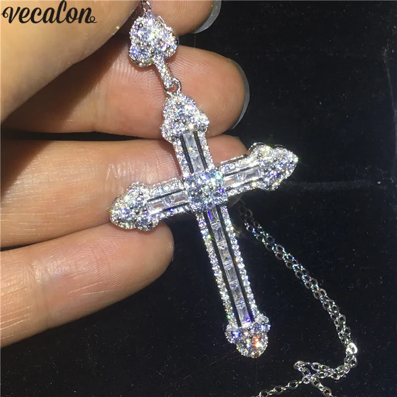 Vecalon потрясающий длинный крест кулон из стерлингового серебра 925 пробы 5A Cz