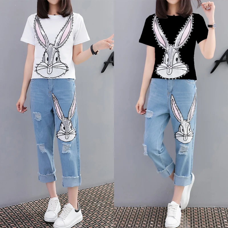 Летние женский комплект 2 шт. расшитые бисером с кроликом блестками футболки +