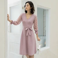 french retro net red fashion cross v neck perspective lantern sleeves knitting dress spring and summer d158