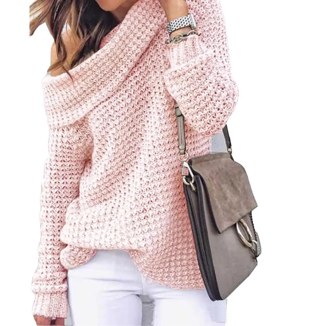 Women Casual Solid Slash Neck Long Winter/Autumn Sleeve Loose Knit Pullover Sweater Regular | Женская одежда