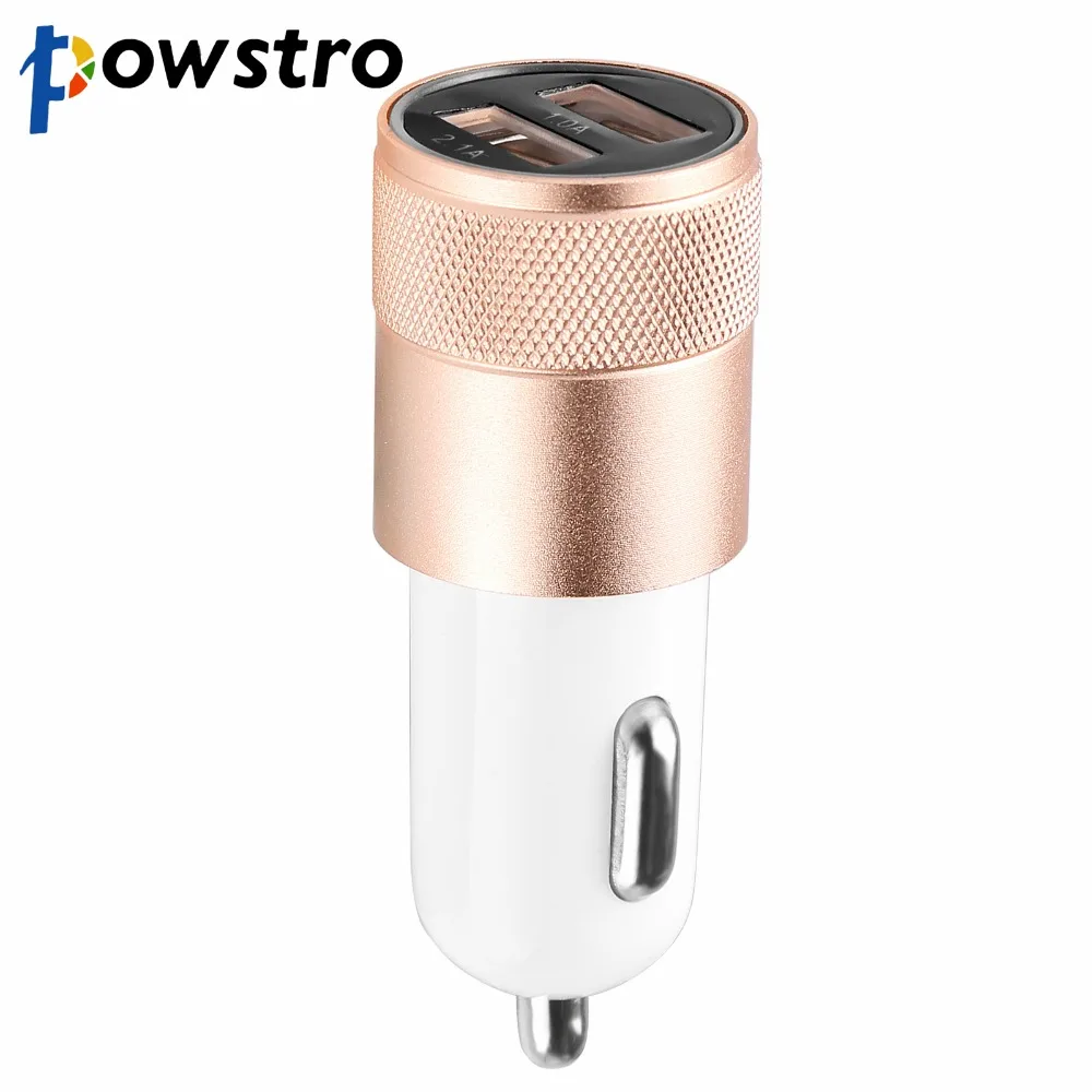 Powstro алюминиевый 3.1A автомобильное зарядное устройство с двумя портами USB 2.1A 1A
