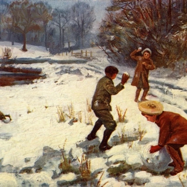Дети Snowballing плакат печать Мэри Эванс картина Librarypeter & Dawn Cope Collection (24X18)|Таблички и