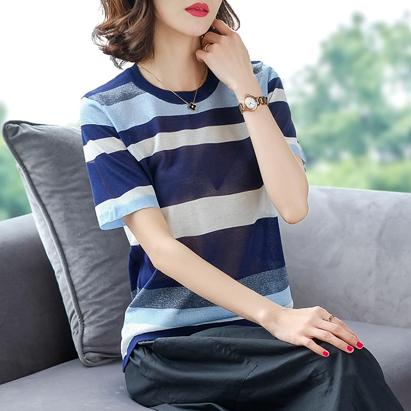 Shiny Lurex summer Sweater Women short Sleeve striped Pullover Basic Sweaters 2019 Korean Style Knit Tops Femme | Женская одежда