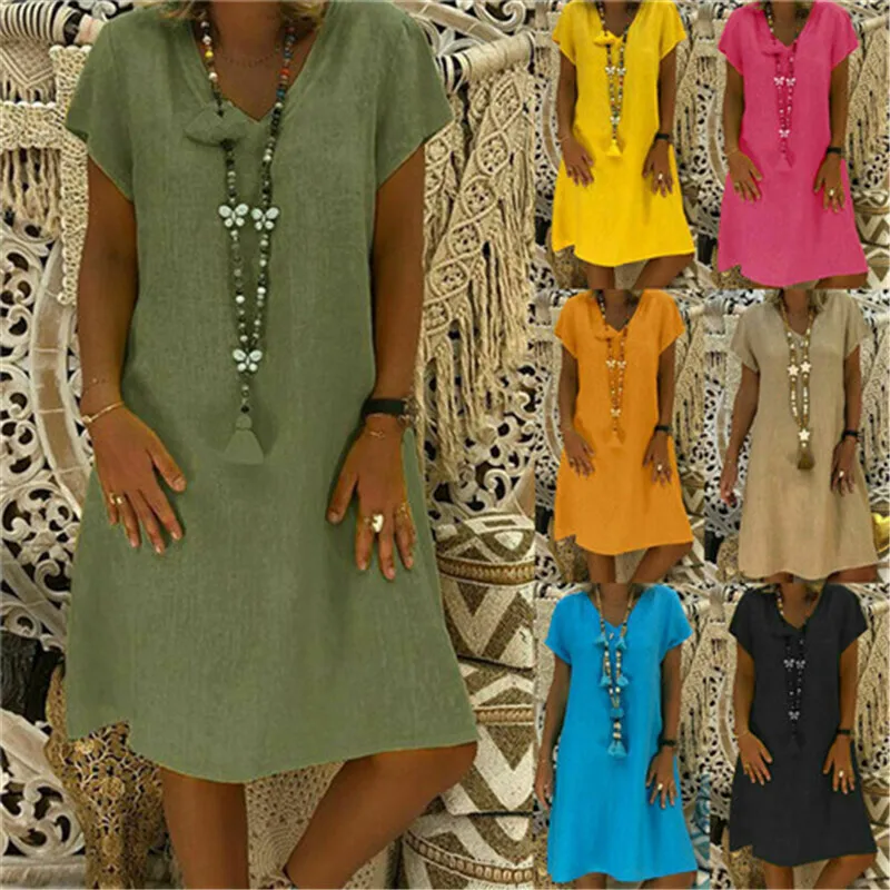2019 Summer Dress Plus Size Women's Cotton Short Sleeve Long T-Shirt Ladies Casual V-neck | Женская одежда