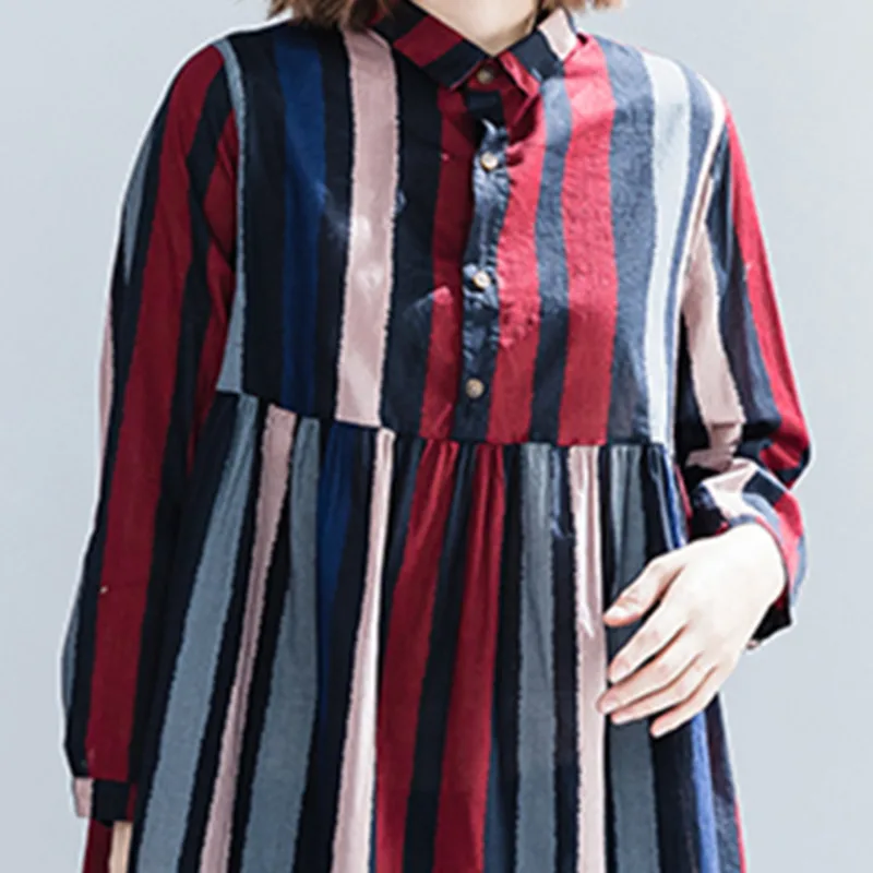 BUYKUD Women Spring Autumn Striped Shirt Casual Long Sleeves Spliced Cotton Turn-down Collar Plus Sized High Waist |