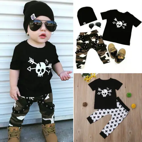 New Spring Summer -Toddler Kids Baby Boy Outfit Clothes Skull Print Short Sleeve T-shirt Tops+Long Pants Cotton Set 1-6T | Детская