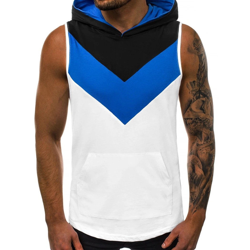 Мужская майка для фитнеса Лоскутная цветная с капюшоном летняя без рукавов