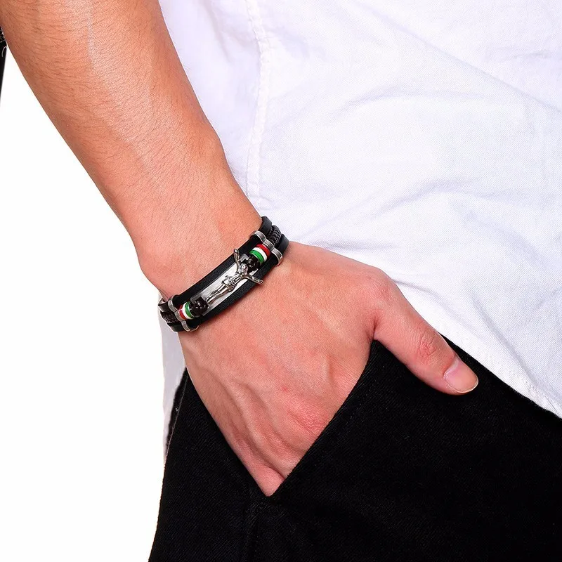 Мужской браслет Vnox многослойный из натуральной кожи с изображением Иисуса