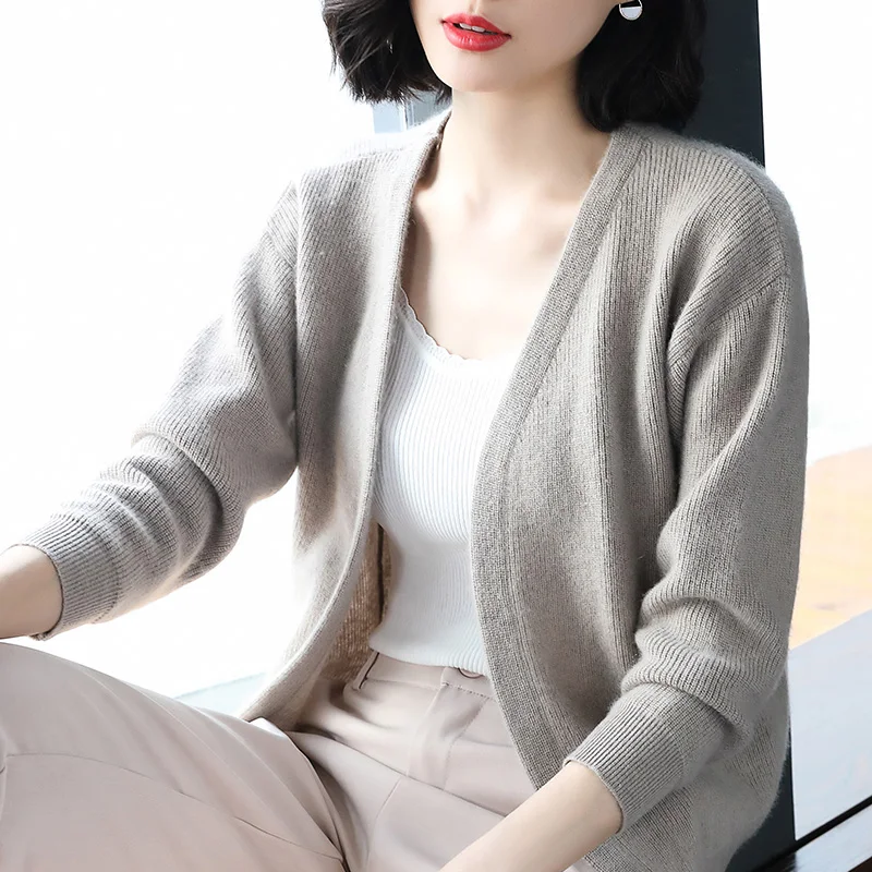 2019 Autumn and Winter Warm Wool Cardigan Women V-neck Long-Sleeved Sweater A Slim Wild Knit Bottoming Shirt Large Size |