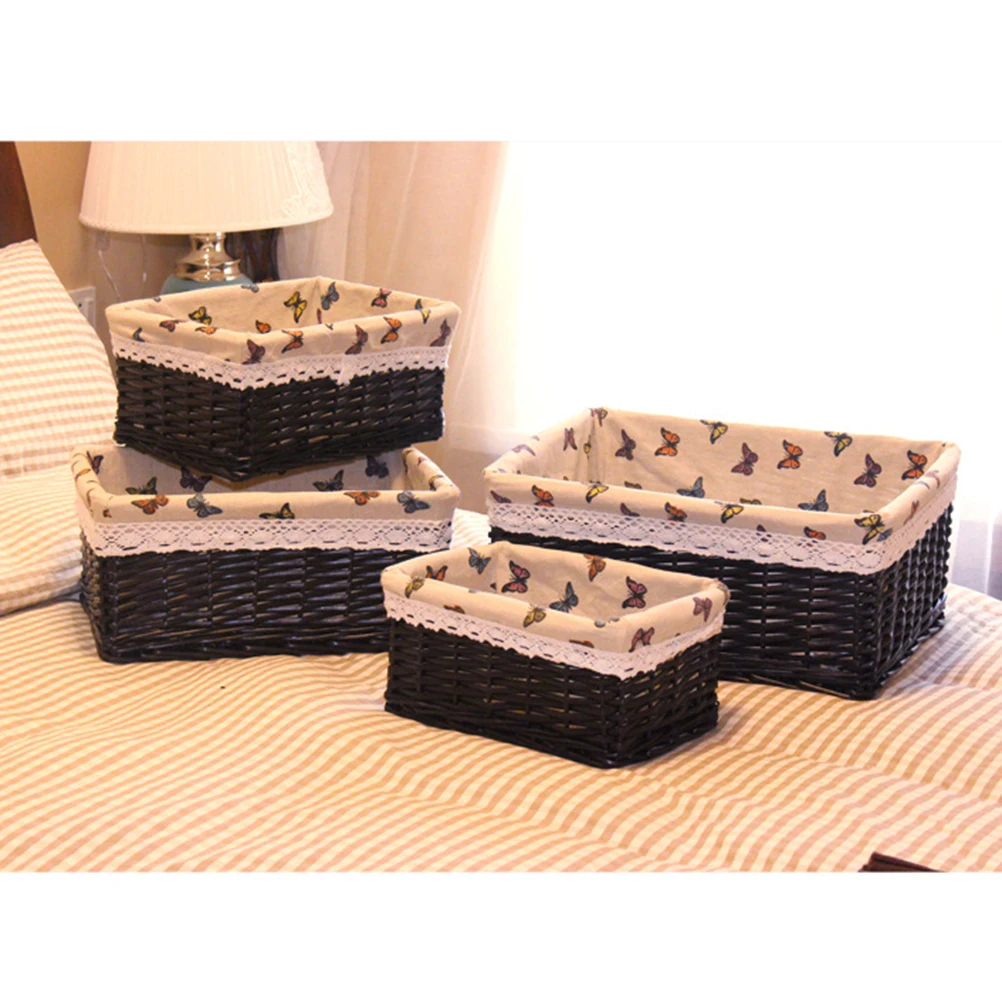 

4pcs Wicker Storage Basket with butterfly-printed Lining Laundry Storage Organizer for Toys Books Clothes SIze S(Dark Brown)
