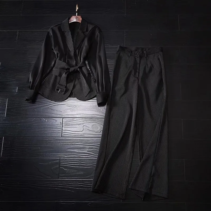 TWOTWINSTYLE полосатый Женский костюм с отворотом длинный рукав тонкое пальто высокой