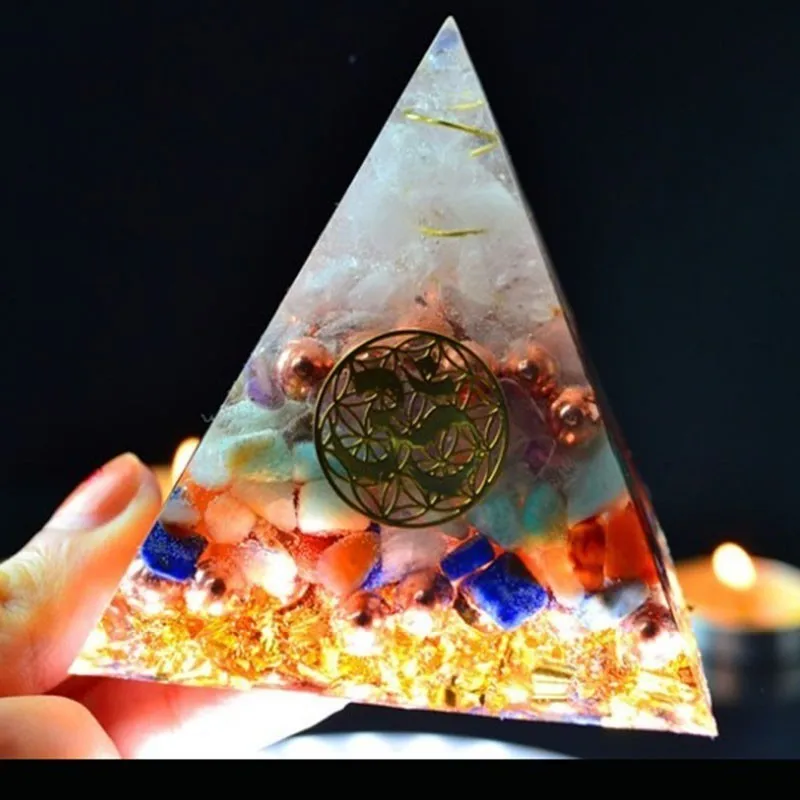 AURA REIKI Orgonite Pyramid Aura Crystal Sahasrara Chakra Zadkiel Amazonite Lapis Improve Memory Resin Decorative Craft Jewelry