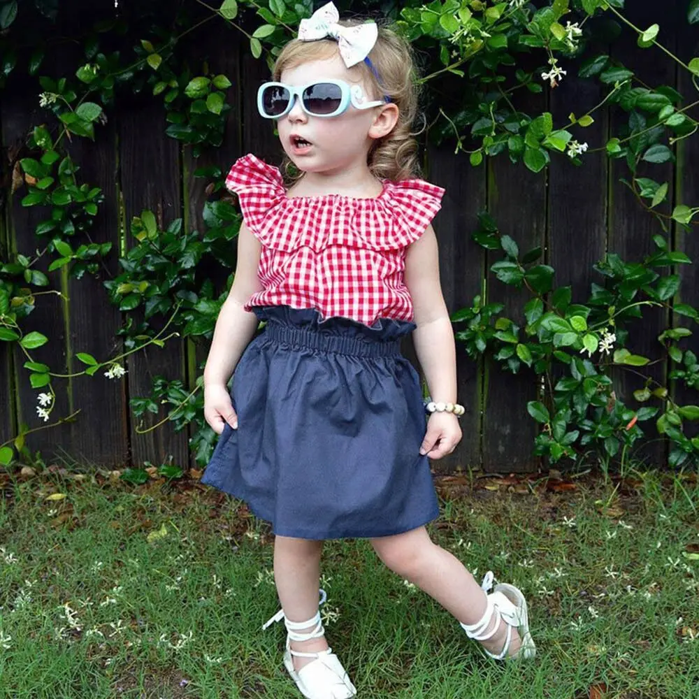 

VTOM Summer Baby Girls Suits Baby Children Clothes Sleeveless Plaid Tops + Denim Skirt 2PCS Baby Infant Clothing Sets ZT7