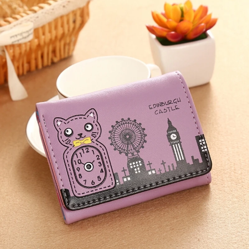 Женский кошелек в Корейском стиле с милыми кошками и часами короткий кожаный