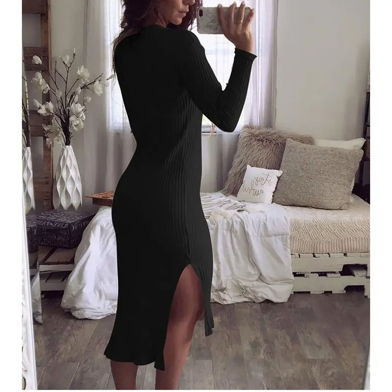 

2018 Fall Winter Women Sweater Dress Long Sleeve Sexy Split Bodycon Dresses Elastic Striped Skinny Knitted Party Dress SJ777X