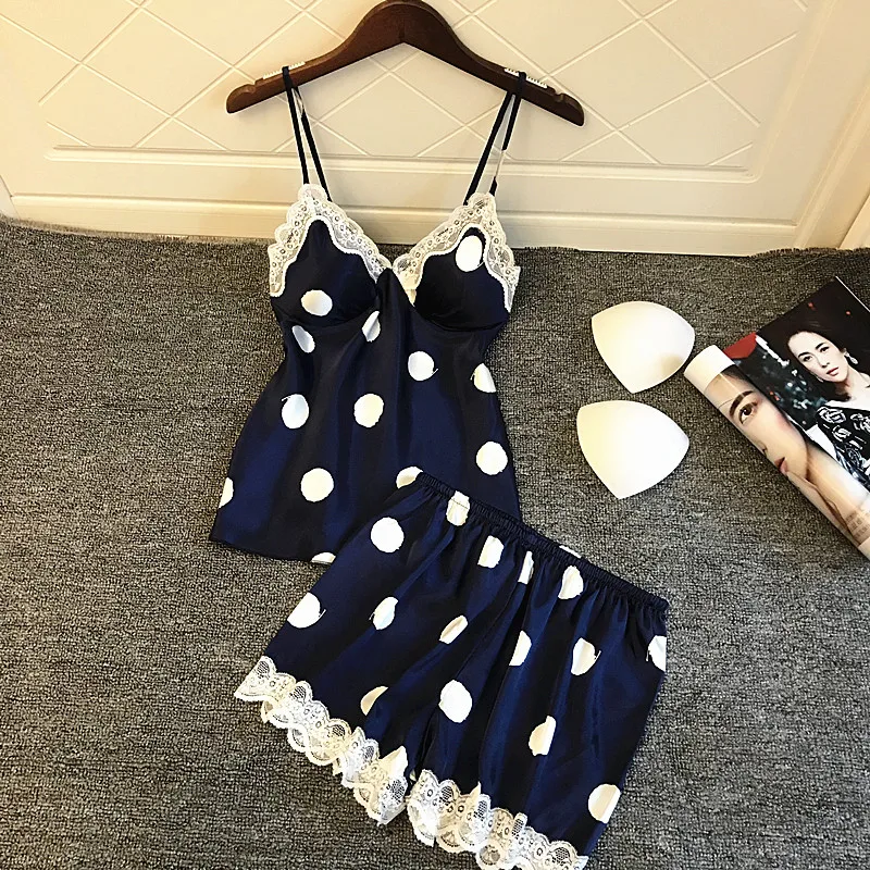 

With Chest Pad Fashion Printing Dot Pajamas Spaghetti Strap Lace Sexy Pajama Sets For Women