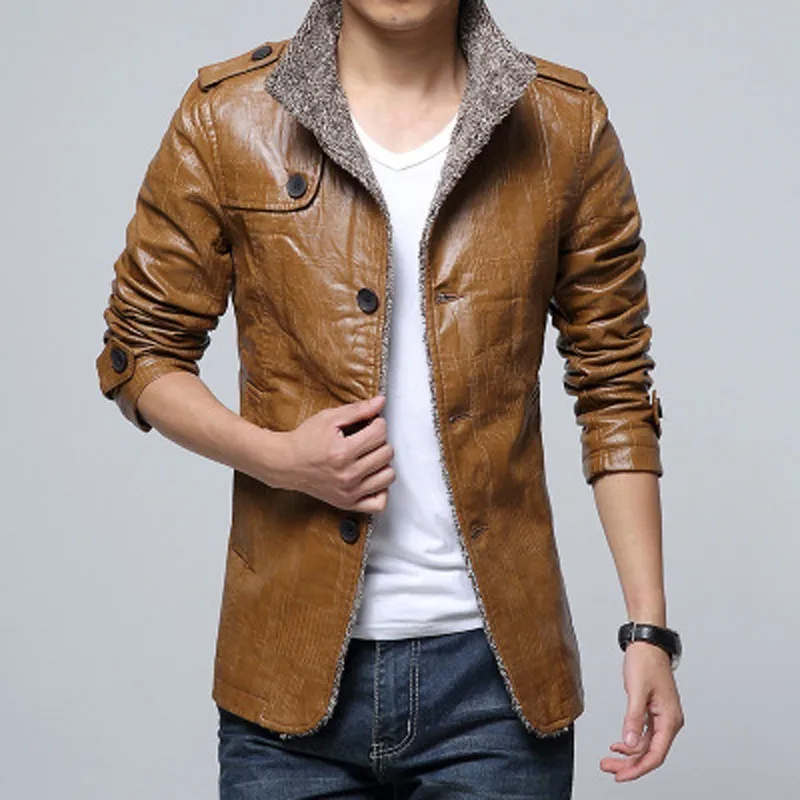 Winter Mens Leather Jackets Solid Standing Casual PU Coats Single Breasted  Black Wool Thick Clothes Male Low Price L-4XL