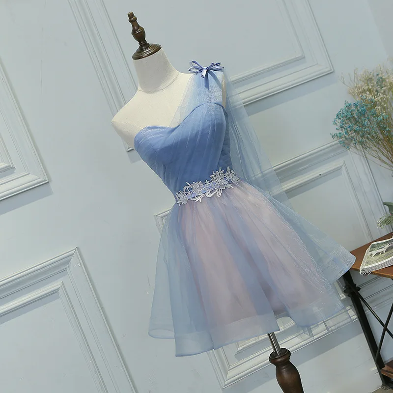 Simple One Shoulder Pleats Lace Up Vestidos De Festa Tulle Backless Mini Bridesmaid Dresses Sleeveless Party Gowns | Свадьбы и