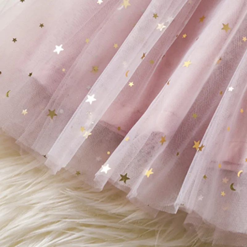 2019 New Autumn Winter Girls Children Princess Dresses Cute Spelling Five-pointed Star Gauze O-neck Long Sleeve Dress | Детская одежда