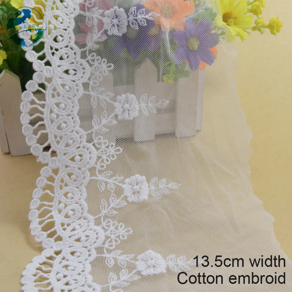 

10yards 13.5cm wide white lace cotton embroid lace sewing ribbon fabric guipure diy trims warp DIY Garment Accessories#3807