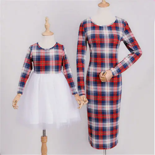 Hot Family Mathing Dress Mother and Daughter Matching Plaid Long Sleeve Girls Outfits Clothes Dresses Sundress | Мать и ребенок