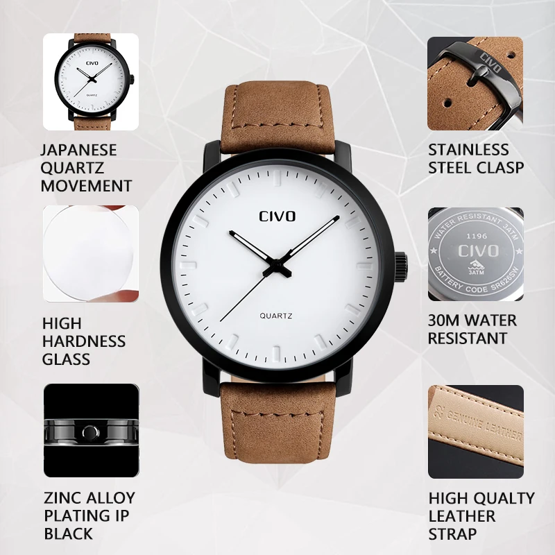 CIVO Mens Watches Top Brand Luxury Sport Quartz Watch Leather Strap Clock Men Waterproof Wristwatch Relogio Masculino | Наручные часы