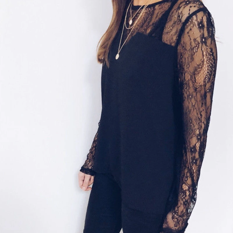 

New Fashion Women Lace Crochet Mesh Long Sleeve Loose Casual Blouse Tops Shirt
