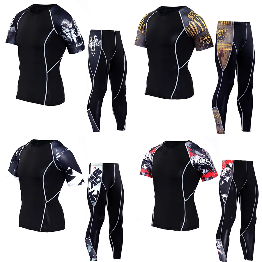 

2 Piece Sportswear Sets Men Fitness Compression Tracksuit Running Shirt Sport Tight Men Workout Gym Clothing Jogging Suit Men