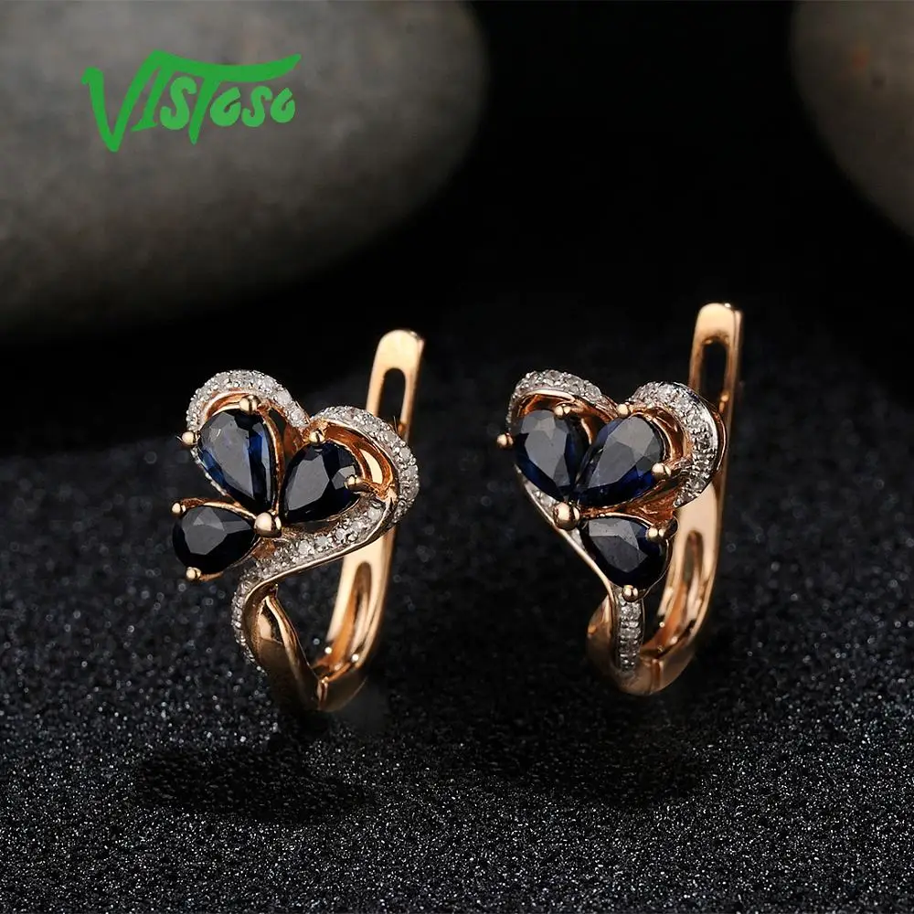 VISTOSO золотые серьги для женщин 14K 585 розовое золото сверкающий синий сапфир