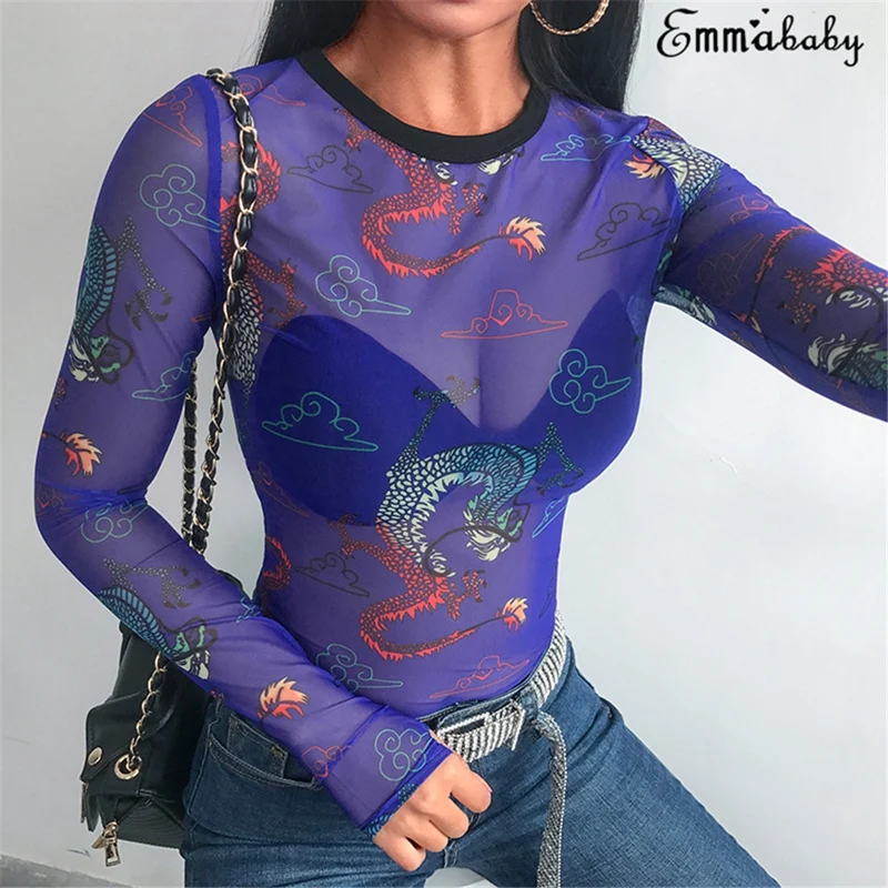 Модный женский прозрачный сетчатый топ с круглым вырезом блузка-рубашка