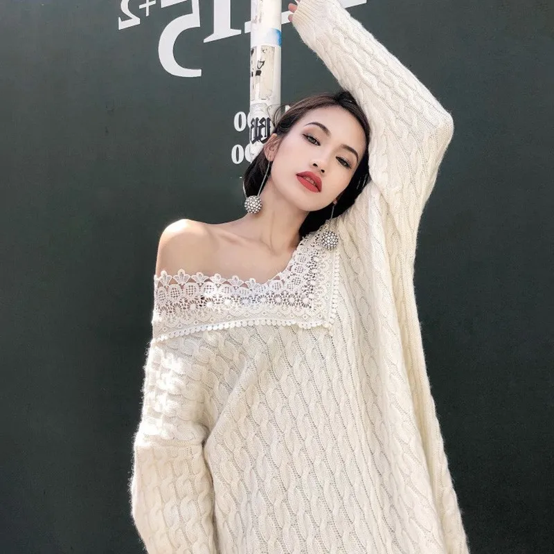 TWOTWINSTYLE Knitting Pullover Tops Female V Neck Patchwork Lace Long Sleeve Sweater Women Spring 2019 Korean Fashion Oversized | Женская