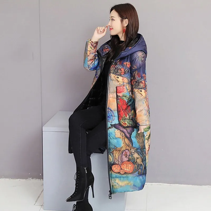 Lightweight Winter Jacket Women Fashion Hooded Slim Plus size Down Jacket Print Long Overcoat Parka doudoune femme hiver ls187