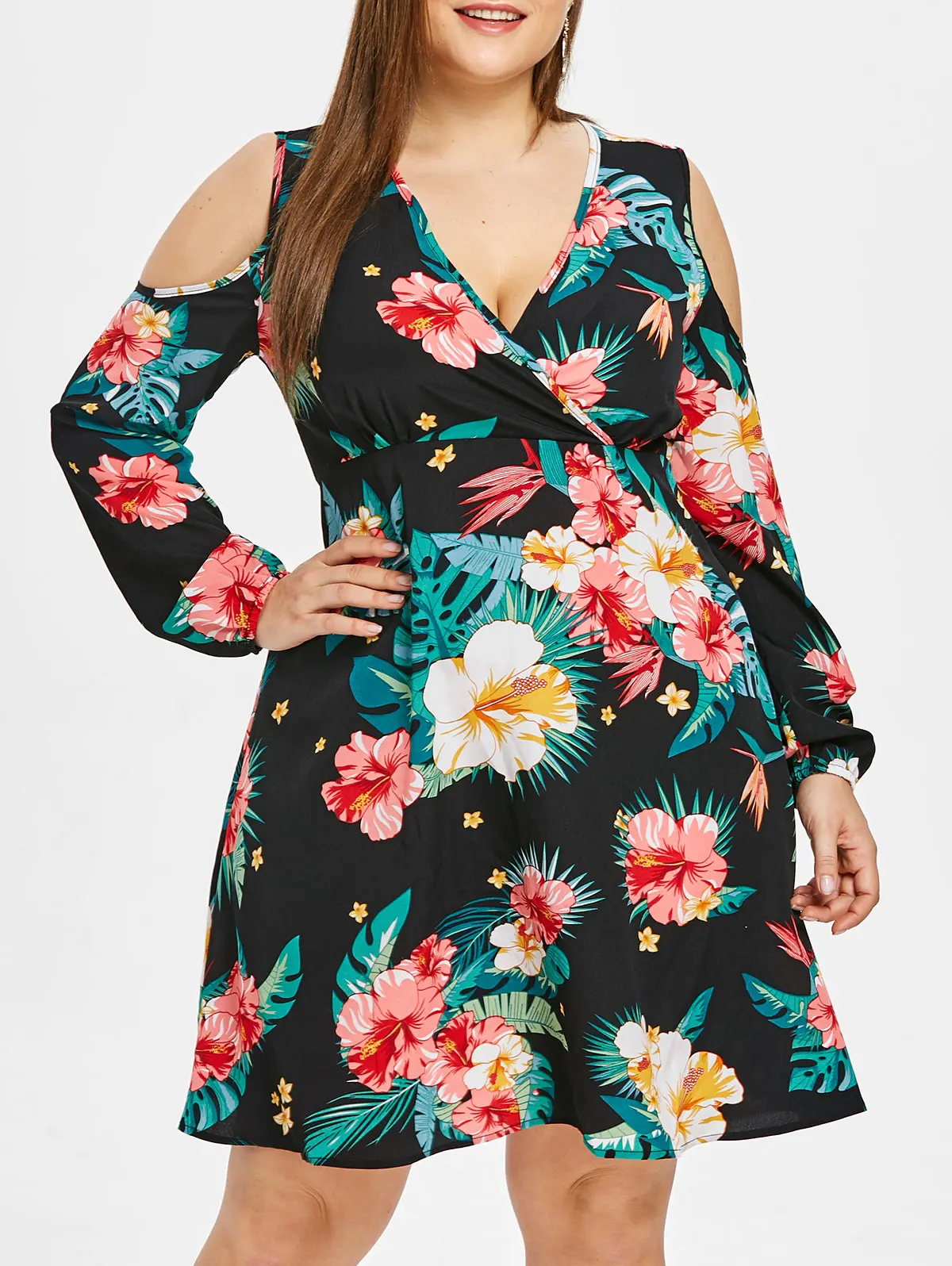 Женское платье с цветочным принтом V образным вырезом и длинным рукавом|Женские