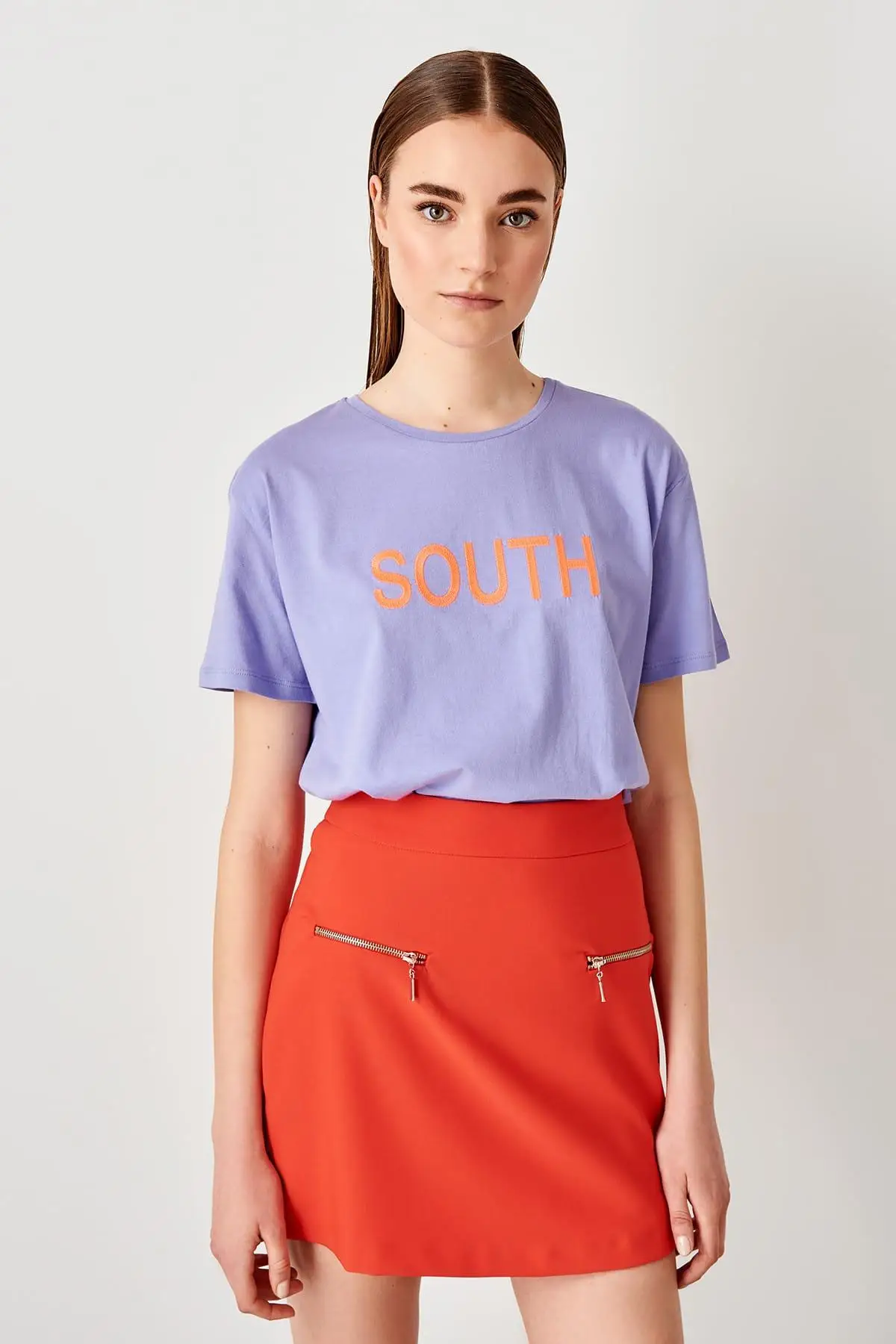 Trendyol Lilac Embroidered Knitted Basic T-Shirt TWOSS19FV0201 | Женская одежда