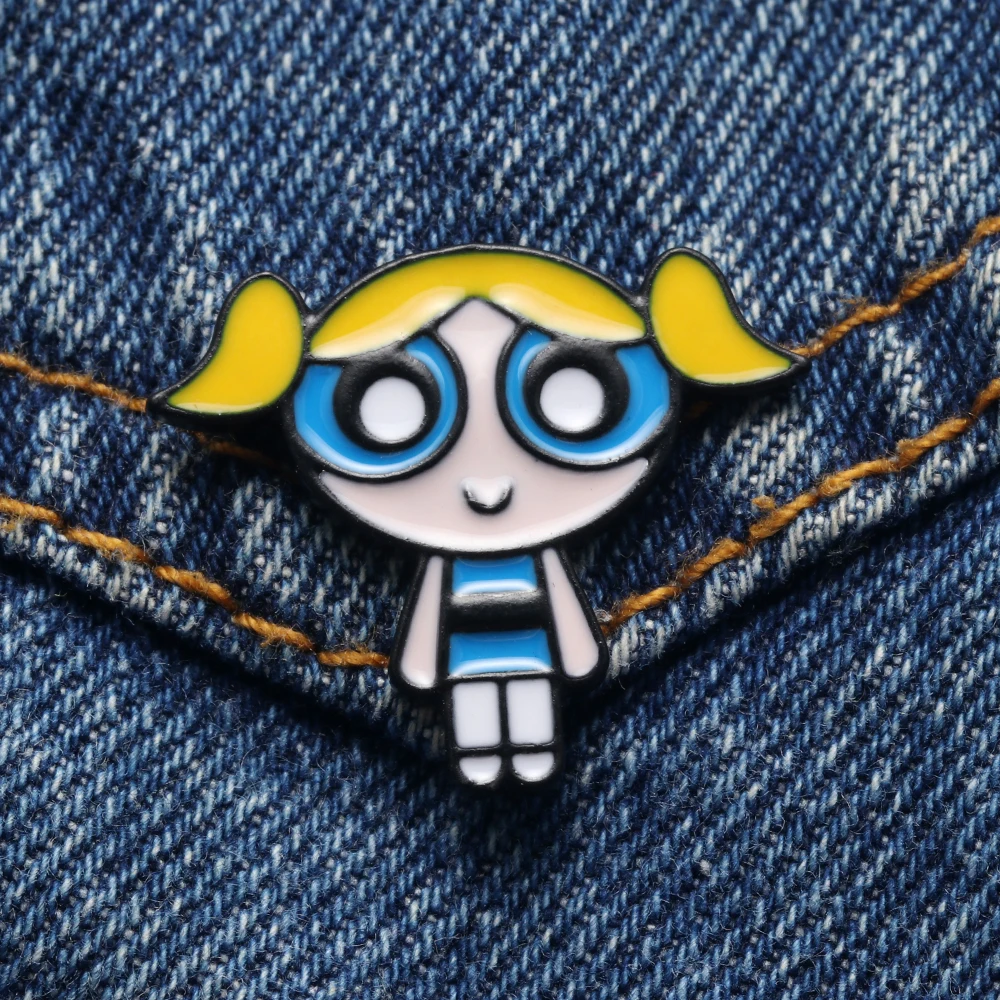 Металлическая эмалированная брошка Powerpuff для девочек с синими мультяшными