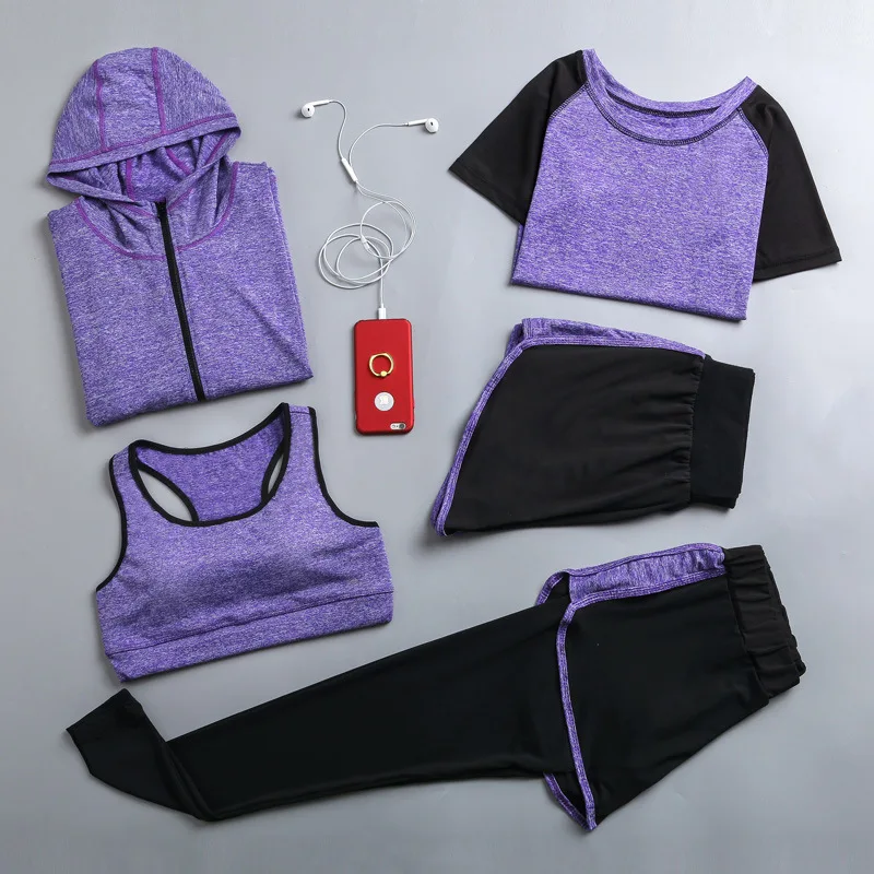 

2019 Yoga Set Sport Jacket+tights Pants+short+yoga Shirt+sports Bras 5 Pieces Running Sportswear Tracksuit Fitness Gym Clothing
