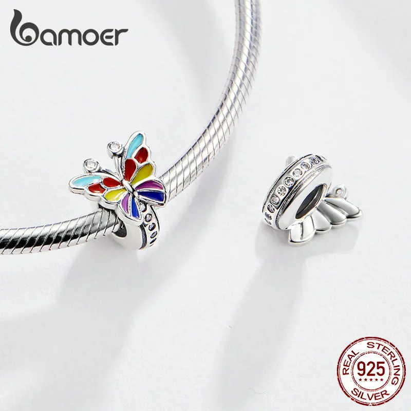 BAMOER, цветные подвески-бабочки, 925 пробы, серебро, эмаль, Шарм для женщин, роскошный бренд, змея, 3 мм, браслет, хорошее ювелирное изделие SCC1195