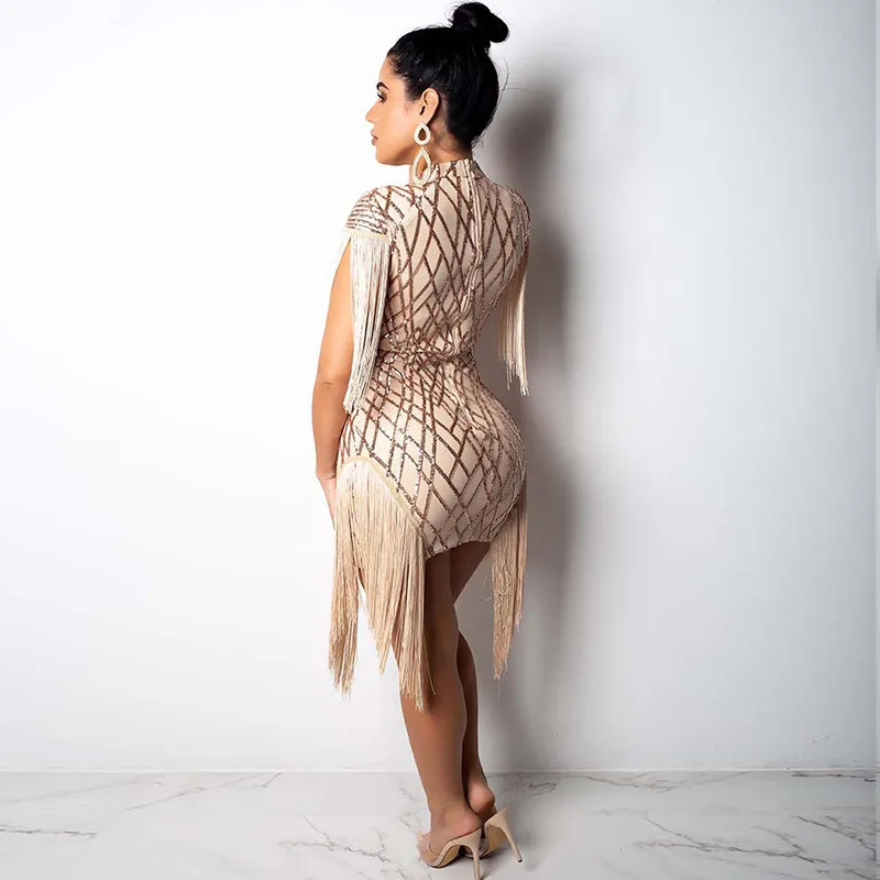 fashion fringe gold sequin dress party crisscross patterns women sexy dresses luxury runway hollow out night club outfits | Женская