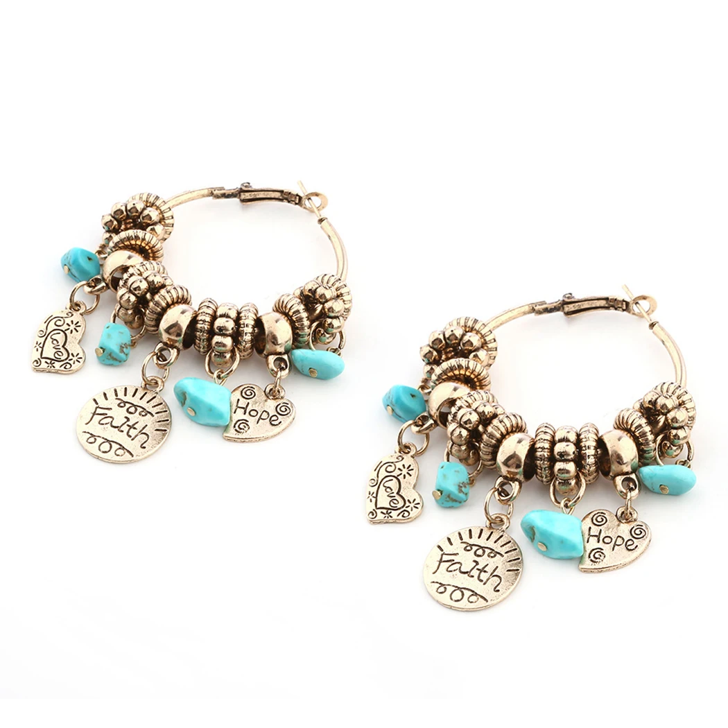 Women's Earrings Vintage Ear Hoops Turquoises Charm Pendant Bohimian Gold Color Oval Design | Украшения и аксессуары