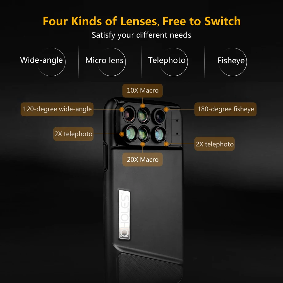 Чехол для телефона Pholes 6 в 1 Iphone X Dual 2X Telephoto + 10X Macro 20X 120 градусов широкоугольный 180