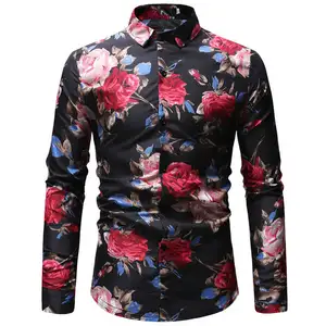 Новинка осени 2019, модная мужская Повседневная рубашка с длинным рукавом и пуговицами, мужские рубашки с цветочным принтом розового цвета размера плюс 3XL, 23 Цвета